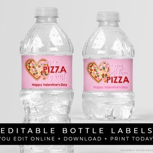 Valentine Pizza Water Bottle Labels Personalized Pizza My Heart Birthday Party Decorations Editable Instant Template Download Corjl #098P