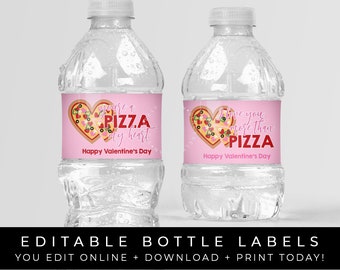 Valentinstag Pizza Wasserflasche Etiketten Personalisierte Pizza Mein Herz-Geburtstags-Partydekorationen Bearbeitbare Sofortige Vorlage Download Corjl #098P