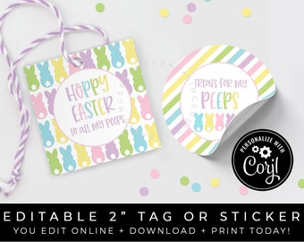 CUSTOMIZABLE Easter Bunny Peeps Mini Cookie Tag or Sticker, Spring Cookie Packaging Printable 2" Inch Tag Download Template, Corjl #102 VIP