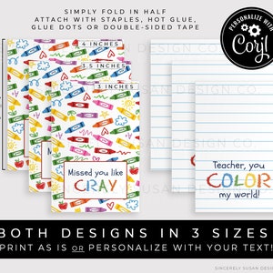 May include: Three printable designs for teacher appreciation gifts. The designs feature a crayon pattern with the text "Missed you like Cray" and "Teacher, you color my world!" The designs are available in three sizes: 4 inches, 3.5 inches, and 3 inches.