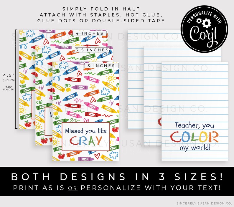 May include: Three printable designs for teacher appreciation gifts. The designs feature a crayon pattern with the text "Missed you like Cray" and "Teacher, you color my world!" The designs are available in three sizes: 4 inches, 3.5 inches, and 3 inches.