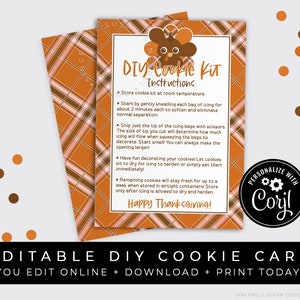 CUSTOMIZABLE Thanksgiving DIY Cookie Decorating Kit Instructions Printable, Fall Plaid Turkey Day Cookie Decorating Kit Card, Corjl #201 VIP