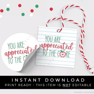 Instant Download Teacher Appreciation Gift Tag Printable, You Are Appreciated to the Core, Apple Teacher Cookie Tag Sticker, #260EID VIP