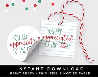 Instant Download Teacher Appreciation Gift Tag Printable, You Are Appreciated to the Core, Apple Teacher Cookie Tag Sticker, #260EID VIP