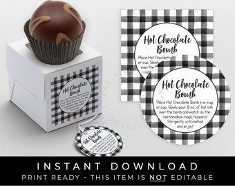 Instant Download Black Gingham Hot Chocolate Bomb Tag, Printable Bomb Directions Instructions Plaid Checkered Any Bomb Gift Tag, #185AID VIP