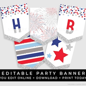 4th of July Happy Birthday Banner Printable Party Decoration Little Firecracker Patriotic Stars Bunting Editable Template Download Corjl