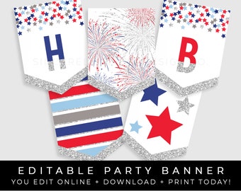 4th of July Happy Birthday Banner Printable Party Decoration Little Firecracker Patriotic Stars Bunting Editable Template Download Corjl