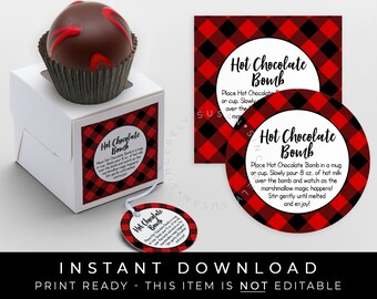 Instant Download Buffalo Plaid Christmas Hot Chocolate Bomb Tag, Printable Holiday Bomb Directions Instructions Card Tag, #186AID VIP