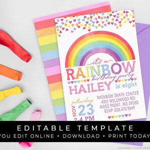 Rainbow Birthday Invitation, Rainbow Hearts Confetti Invitation, Printable Invite, Editable Template Download, Corjl #016A