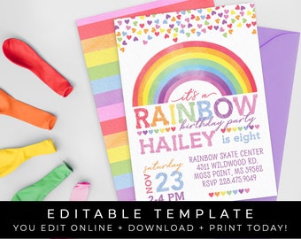 May include: Editable rainbow birthday party invitation template with a rainbow, hearts, and the text "It's a Rainbow Birthday Party Hailey is eight" and party details.