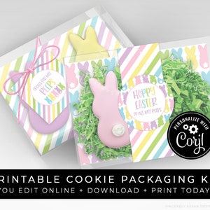 CUSTOMIZABLE Hoppy Easter Bunny Peeps Mini Cookie Packaging Kit, Spring 2" Tag Box Backer Wrap, Printable Editable Download, Corjl #102 VIP