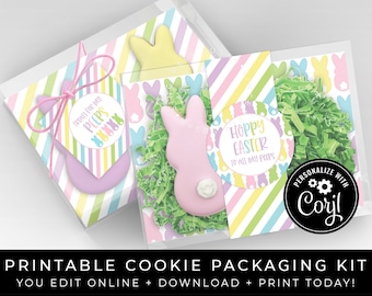 CUSTOMIZABLE Hoppy Easter Bunny Peeps Mini Cookie Packaging Kit, Spring 2" Tag Box Backer Wrap, Printable Editable Download, Corjl #102 VIP
