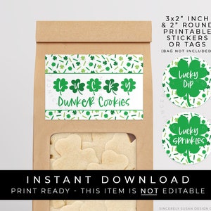 Instant Download St. Patrick's Day Dunker Cookies Printable, Lucky Dip Sprinkles Condiment Sticker Tag Label Dunk A Cookie Bag Tag, #242 VIP