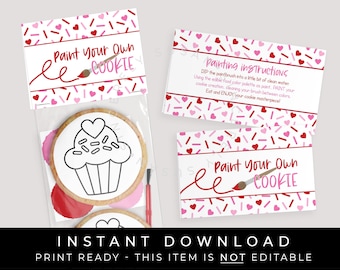Instant Download Valentine Paint Your Own Cookie Bag Topper Printable, Red Pink Hearts Love PYO Mini Cookie Toppers Favor Bag, #226AID VIP
