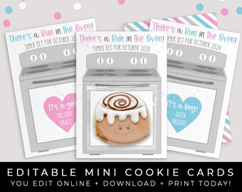 CUSTOMIZABLE Bun in the Oven Baby Gender Reveal Mini Cookie Card Printable, Baby Name Announcement Reveal Boy Girl & Twins, Corjl #267 VIP