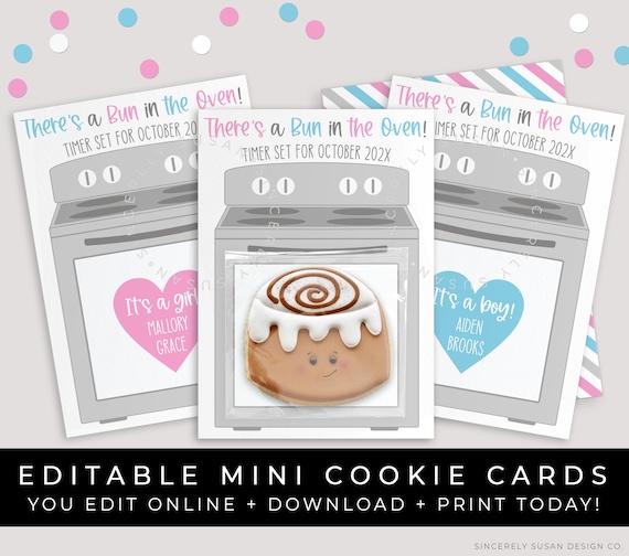 CUSTOMIZABLE Bun in the Oven Baby Gender Reveal Mini Cookie Card Printable,  Baby Name Announcement Reveal Boy Girl & Twins, Corjl 267 VIP - Etsy  Australia