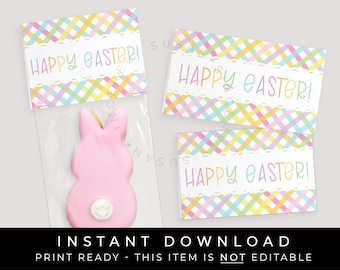 Instant Download Happy Easter Mini Cookie Bag Topper Printable, Easter Treat Card Pastel Gingham Plaid Spring Cookie Topper Tag, #256AID VIP