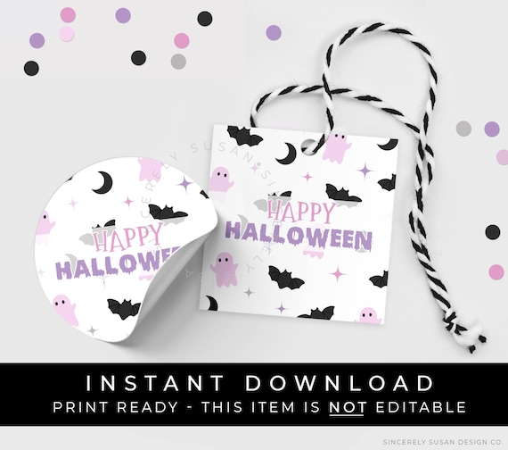 Instant Download Happy Halloween Tag, Printable Cookie Tag Spooky Sweet Treat Pastel Pink Purple Bat Ghost Boo Moon Star, #175CID VIP