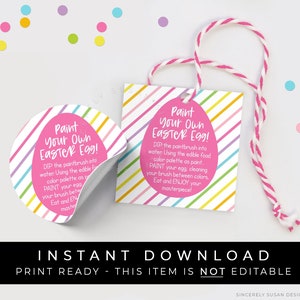 Instant Download Paint Your Own Easter Egg Cookie Tag, Rainbow Stripes PYO Cookie Eggs Instructions Printable 2" Tag, Corjl #253AID VIP