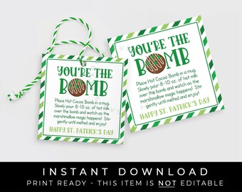 Instant Download St. Patrick's Day You're The Bomb Hot Cocoa Bomb Tag, Printable Shamrock Hot Chocolate Bomb Square Directions, #245CID VIP