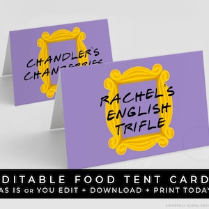 Friends Party Food Label Buffet Place Card Printable Friends TV Show Theme Buffet Table Card Editable Food Tent Template Download Corjl #084