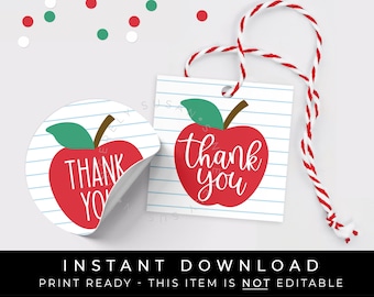 Instant Download Apple Thank You Teacher Gift Tag Printable, Apple School Teacher Appreciation Cookie Tag or Sticker, #260AID VIP