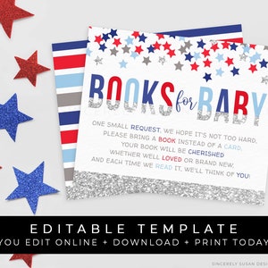 4th of July Books for Baby Insert Card Patriotic Little Firecracker Baby Shower Book Request Editable Printable Template Download Corjl #033