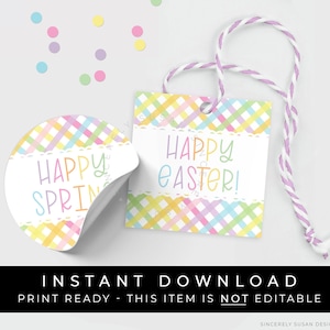 Instant Download Happy Easter Cookie Tag afdrukbaar, Happy Spring Gift Tag of Sticker, Pastel Gingham Spring Mini Cookie Tag, #256GID VIP