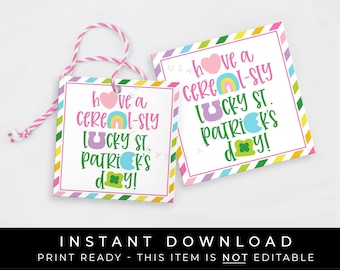 Instant Download Have a Cereal-sly Lucky St. Patrick&#39;s Day Cookie Tag, Marshmallow Charms Cereal Cookie Printable Gift Tag, #101HID VIP