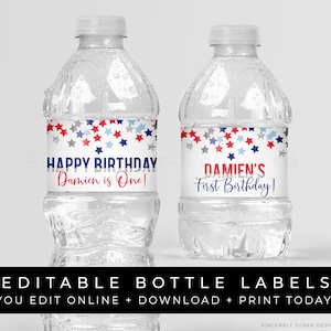 4th of July Birthday Water Bottle Labels Patriotic Stars Printable Party Personalized Decorations Editable Instant Template Download, Corjl