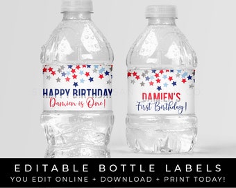4th of July Birthday Water Bottle Labels Patriotic Stars Printable Party Personalized Decorations Editable Instant Template Download, Corjl
