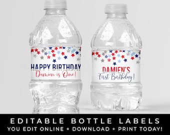 4. Juli Geburtstag Wasserflaschenetiketten Vaterländische Sterne Druckbare Party Personalisierte Dekorationen Bearbeitbare Sofortvorlage Download, Corjl