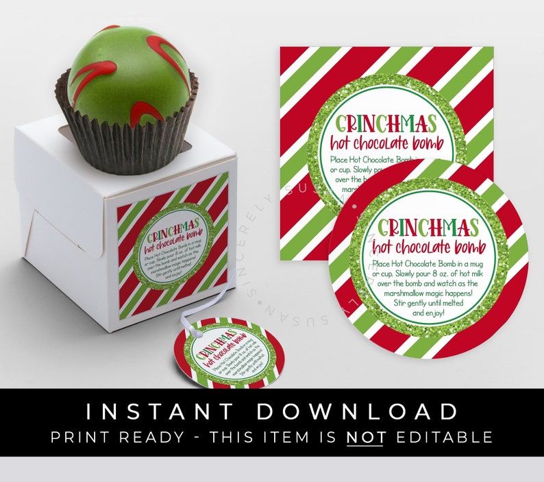 Instant Download Hot Chocolate Bomb Tag, Printable Mean Green One Christmas Cocoa Bomb Directions Instructions, #210AID VIP image 1