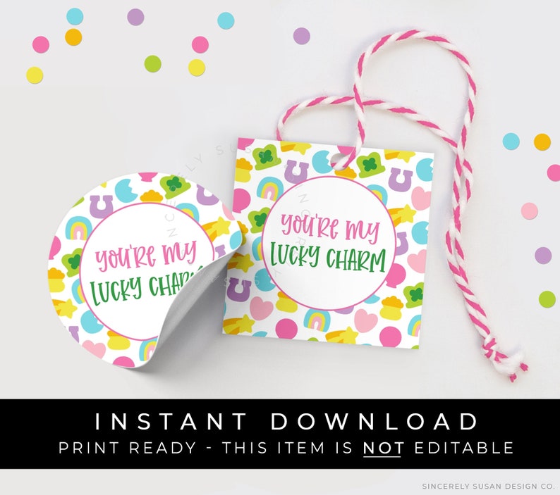 Instant Download You're My Lucky Charm Cookie Tag, Marshmallow Cereal Cookie Lucky St. Patrick's Day Printable Gift Tag, 101AID VIP image 1