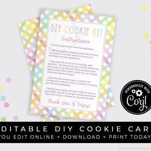 CUSTOMIZABLE Pastel Gingham Spring Easter DIY Cookie Kit Instructions Printable Card, Decorate Your Own Cookies Kit Card, #256 Corjl VIP