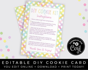 CUSTOMIZABLE Pastel Gingham Spring Easter DIY Cookie Kit Instructions Printable Card, Decorate Your Own Cookies Kit Card, #256 Corjl VIP