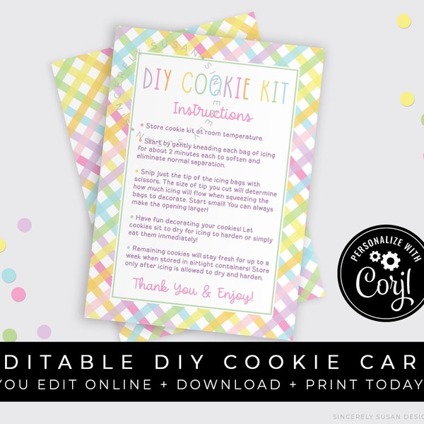 CUSTOMIZABLE Pastel Gingham Spring Easter DIY Cookie Kit Instructions Printable Card, Decorate Your Own Cookies Kit Card, #256 Corjl VIP