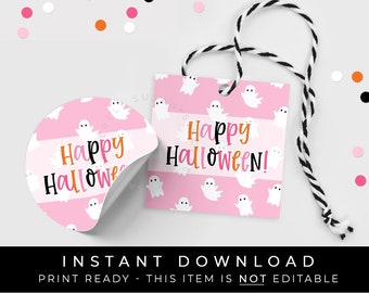 May include: Pink and orange Halloween gift tags with a ghost pattern and the text "Happy Halloween!" printed on them. The tags are attached to a black and white twine.