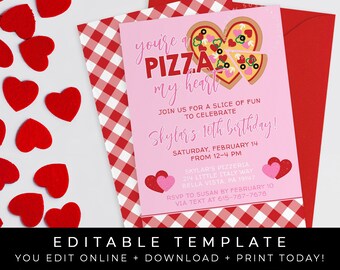 Valentine's Day Pizza Party Invitation, Pink Pizza Birthday Party Theme, Pizza My Heart Printable Invitation, Editable Template, Corjl 098M