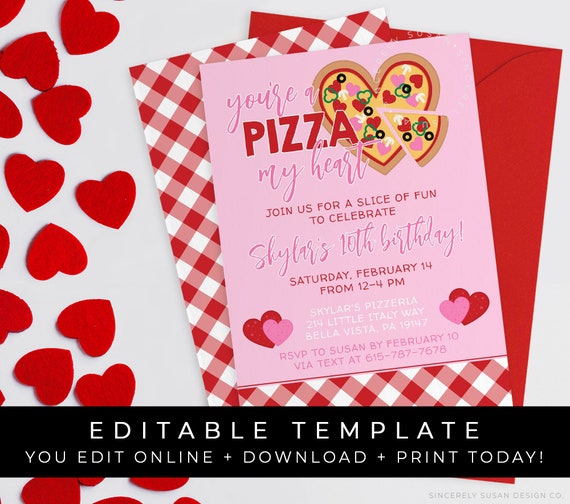 Valentine's Day Pizza Party Invitation, Pink Pizza Birthday Party