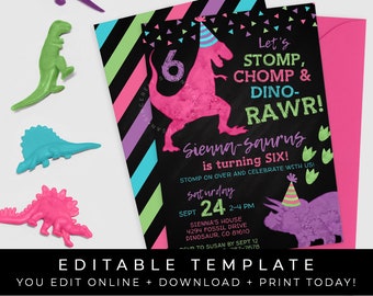 May include: Editable dinosaur birthday party invitation template with a pink dinosaur on a black background with colorful stripes. The text reads "Let's Stomp, Chomp & Dino-Rawr! Sienna-saurus is turning Six!" with party details below.