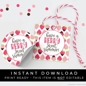 Instant Download Have A Berry Sweet Summer Strawberry Cookie Tag Roze chocolade gedimde aardbeien Zomertraktatie Cadeau Favor Tag, #190GID VIP