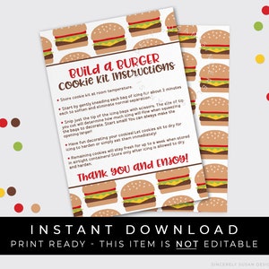 Instant Download Build A Burger DIY Cookie Kit Instructions Printable Card, Cheeseburger Hamburger Sugar Cookie Decorating Kit, #278BID VIP