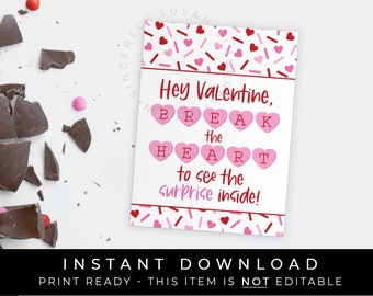 Instant Download Valentine's Day Giant Breakable Chocolate Smash Heart Box Label Tag, Printable Break the Heart Smash Kit Tag, #226AID VIP