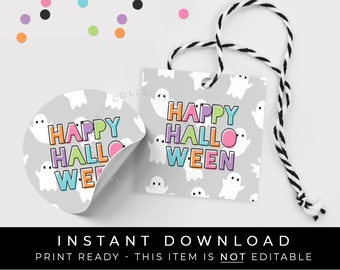 Instant Download Happy Halloween Cookie Tag Printable, Colorful Ghost Halloween Spooky Cute Trick or Treat Tag, #156M1ID VIP