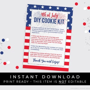 Sofortiger Download 4. Juli DIY Cookie Kit Anleitung Druckbare Karte, Unabhängigkeitstag Flagge Cookie Dekorationsset, #135AID VIP