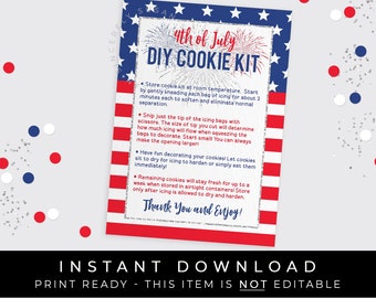 Instructions du kit de biscuits DIY du 4 juillet à téléchargement immédiat, carte imprimable, kit de décoration de biscuits drapeau patriotique de jour de l&#39;indépendance, #135AID VIP