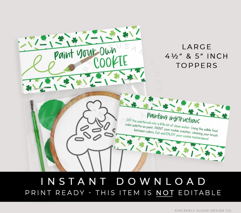 Instant Download Large St. Patrick's Day Paint Your Own Cookie Bag Topper Printable, Shamrock Sprinkles PYO Cookie Topper Tag, 242BID VIP image 1