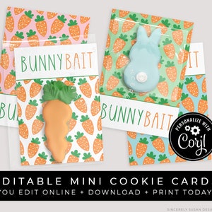 CUSTOMIZABLE Bunny Bait Carrot Mini Cookie Cards, Personalized Printable Spring Easter Cookie Packaging 3.5 x 5" Download, Corjl #106 VIP
