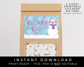 Instant Download Blizzard Bites Mini Cookie Bag Printable Label, Winter Holidays Cookie Packaging Snowflake Snowman Sticker Tag, #213PID VIP